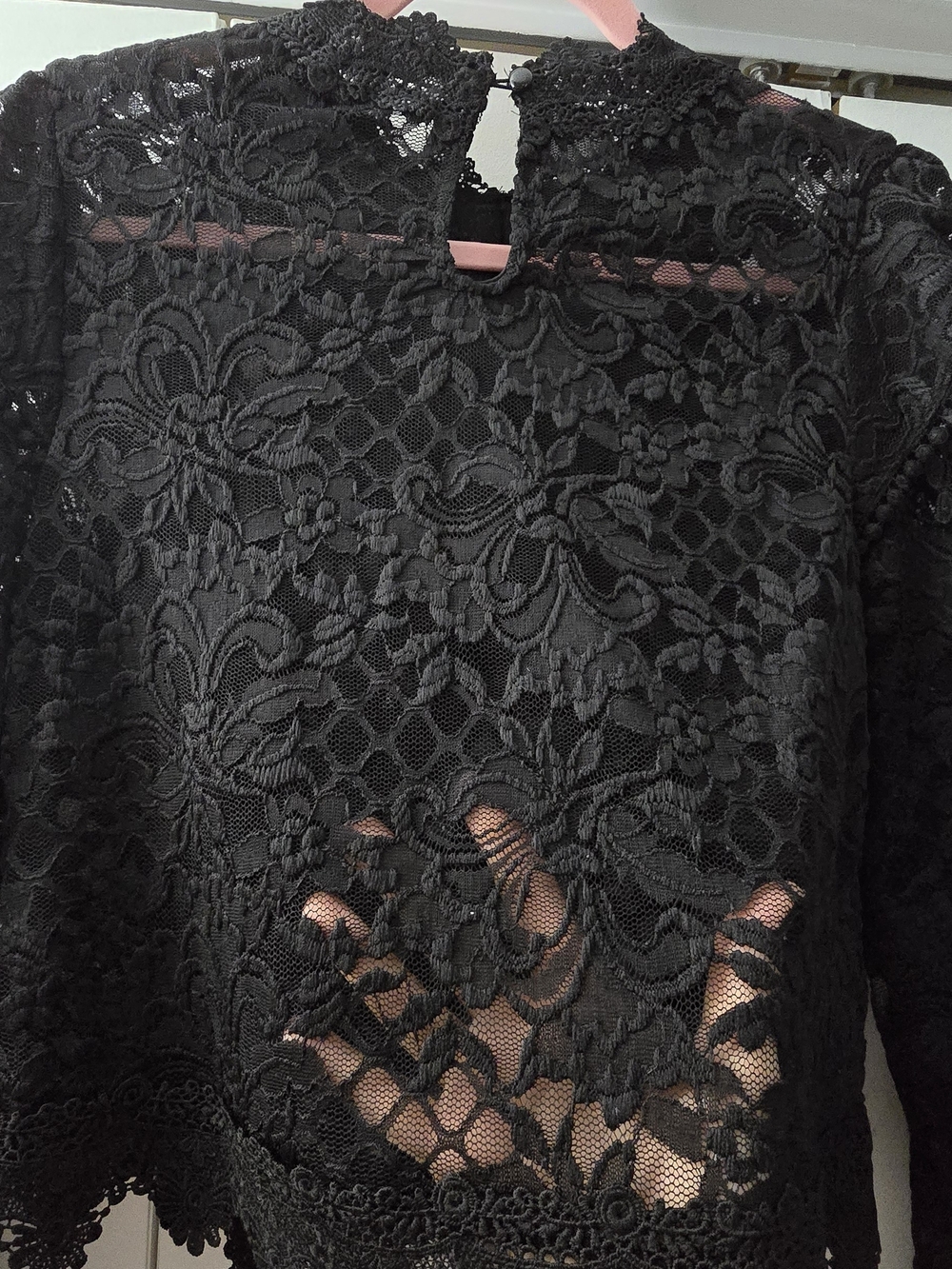 NWOT: Ultra Pink: Black Lace Long-Sleeve Blouse - Elegant Sheer Top - Picture 8 of 11